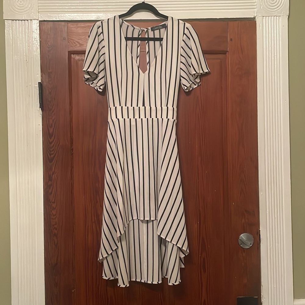 Crystal Sky Black and White Stripe High-Low V-Neck Dress Sundress